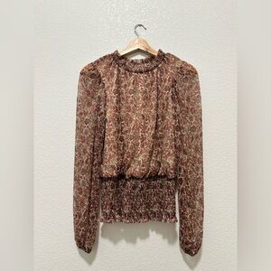 NWT Joie Boho Metallic Smocked Blouse Small Retro Floral Long Sleeve‎ Designer